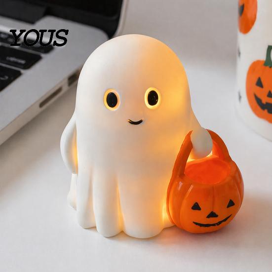Holiday Ghost Ornament Halloween Holding Pumpkin Figurine, Spooky Statue with Decoration Night Light, Resin for Desk Tabletop Centerpiece