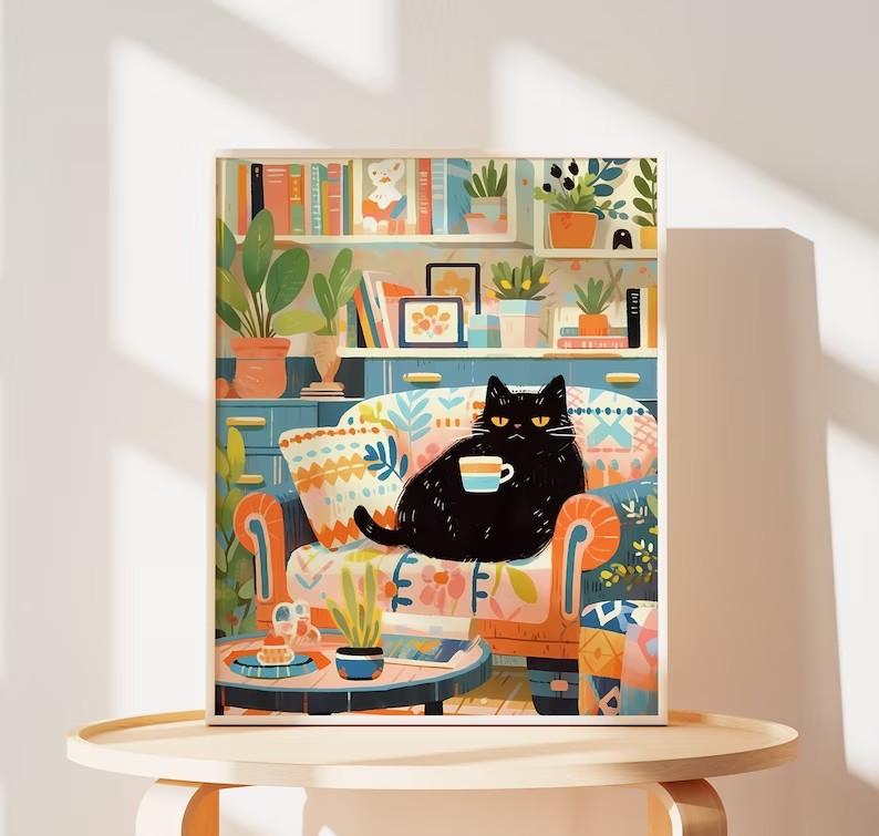 

Скандинавские милые кошки, пьющие кофе, принты, пейзажный постер с животными для детской комнаты, холст, картина, Рождественский подарок, домашний декор, фотографии 30x40cm No Framed