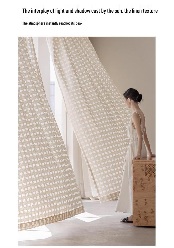Vintage Plaid Sheer Linen Curtains for Living Room & Bedroom - Light-Permeable, High-End Feel, New Style for Balcony Windows