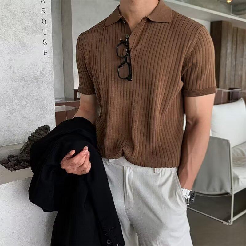 Summer Vintage Polo-neck Knitting Pullover Top Male Short Sleeve Solid Color Tee Men Casual Fashion T-shirt