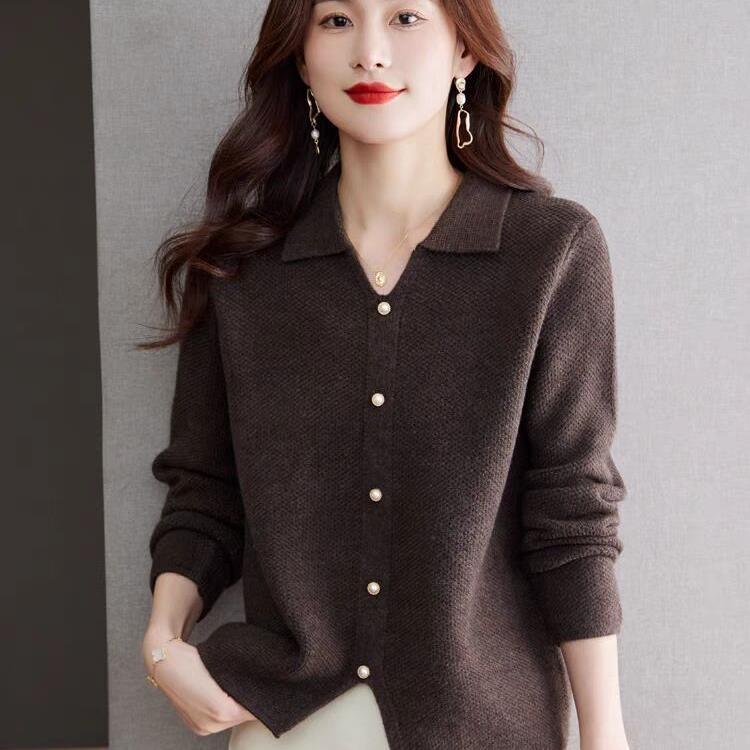 Women Autumn Winter Loose Lapel Sweater Pullover Knitted Base Top for Women