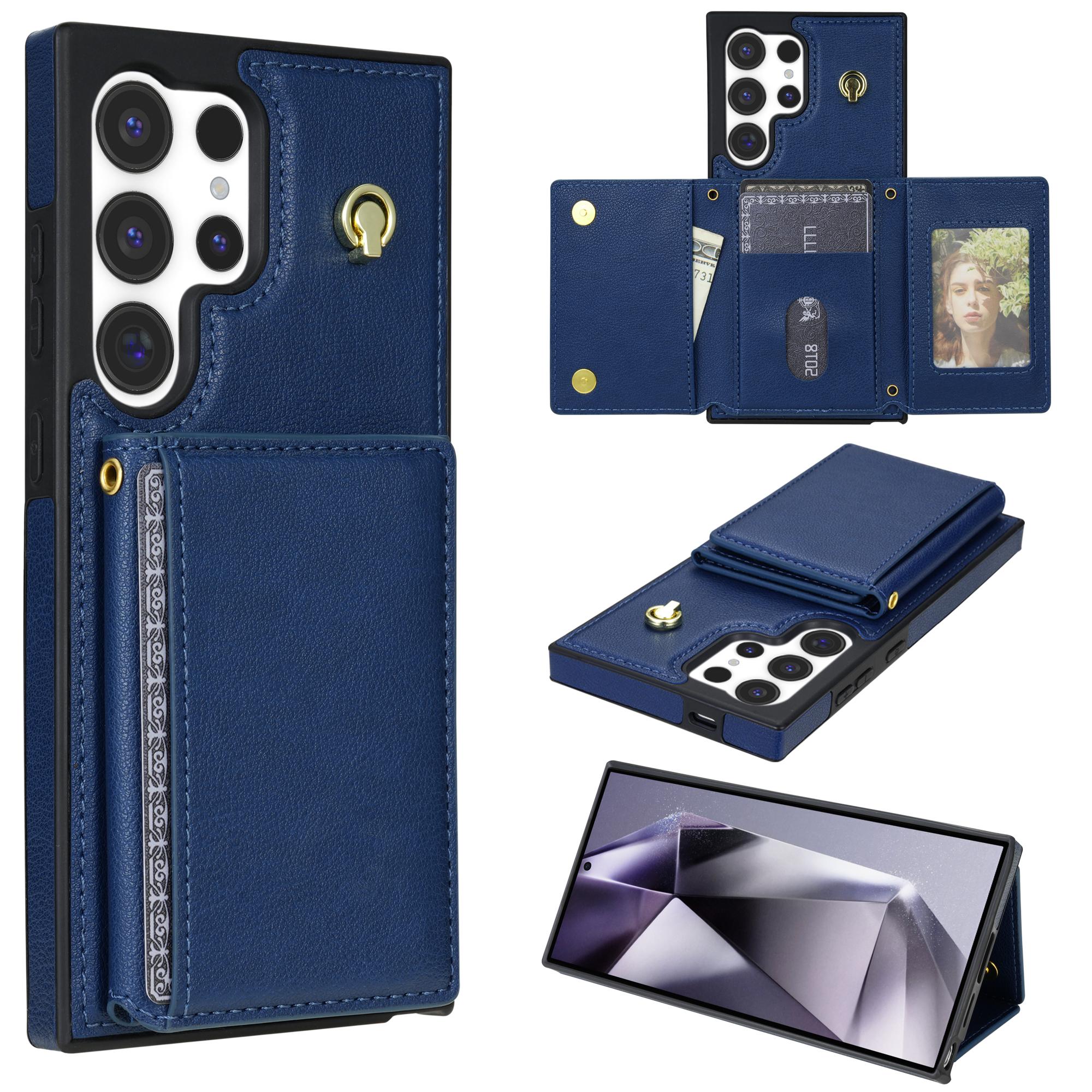 

BKS-003 For Samsung Galaxy S24 Ultra Case Tri-Fold Card Holder Kickstand TPU+Leather Back Cover with Shoulder Strap D