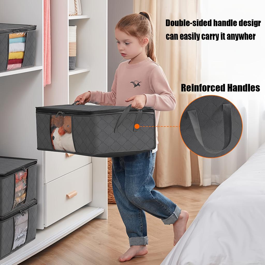 35L Fabric Storage Bags with Clear Viewing Windows - Quilted, Foldable Organizer Boxes for Clothes, Blankets & Bedding