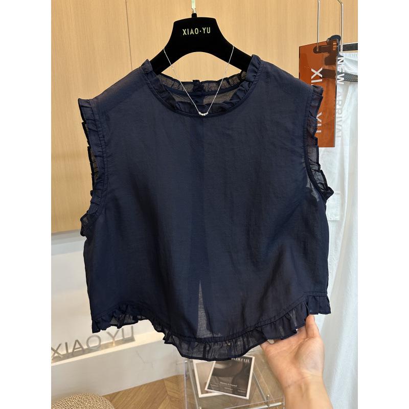 European High-Fashion Ruffle Stand Collar Tencel Linen Sleeveless Top XXL темно-синий