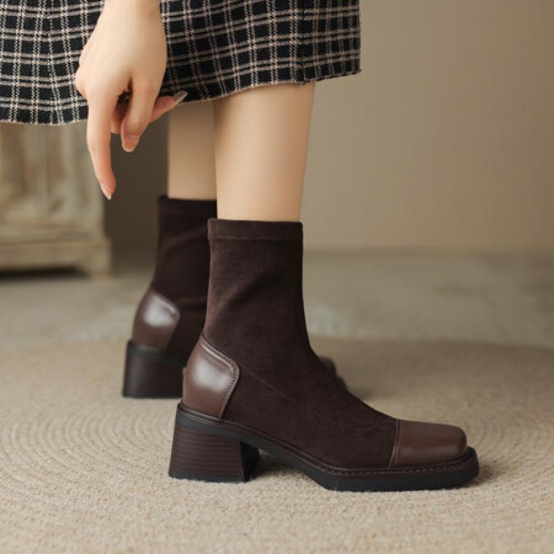 Korean version of the new suede medium heel large size women's boots thick-soled non-slip leather boots round head medium boots square and autumn a