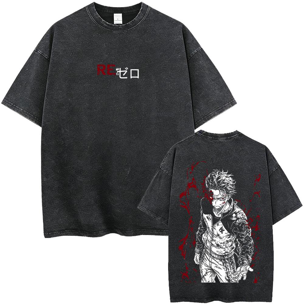 Washed Vintage Anime ReZERO Starting Life In Another World Tshirt Subaru Natsuki Graphic T Shirt Men Women Oversized Tshirts