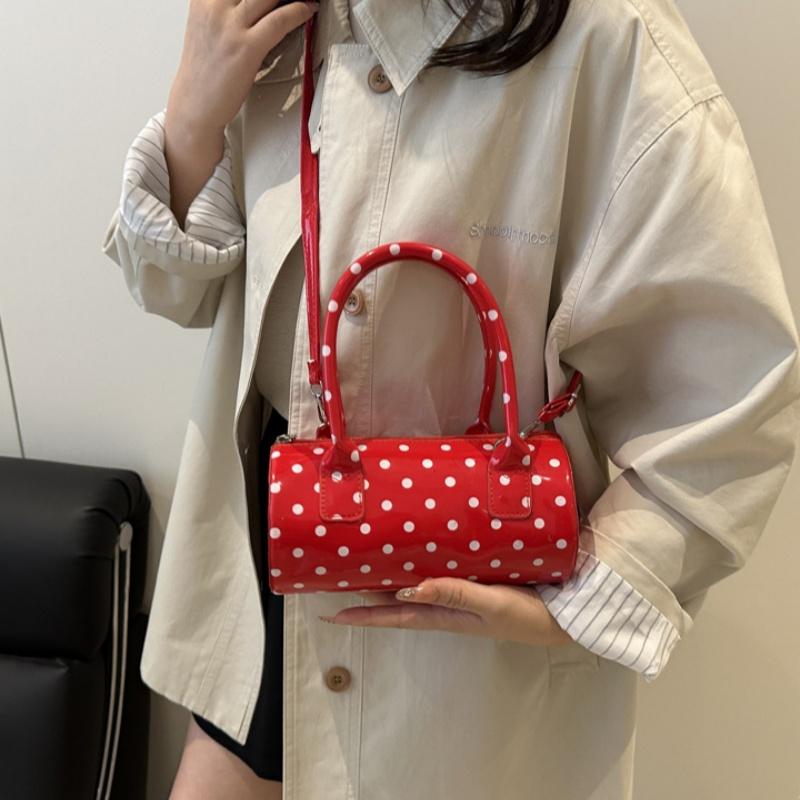 Korean Style Polka Dot Purse Mini Barrel Crossbody Bag for Women Top Handle Handbag for Daily Outings