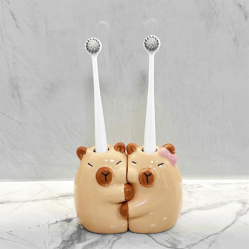 2Pack Ceramic Capybaras Toothbrush Holder Set For Couple Cute Animal Shapeds Bathroom Countertop Organizers