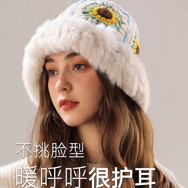 Big head circumference rabbit hair knitted hat women's autumn and winter rough edge bucket hat showing face small warm wool hat Rex rabbit hair hat