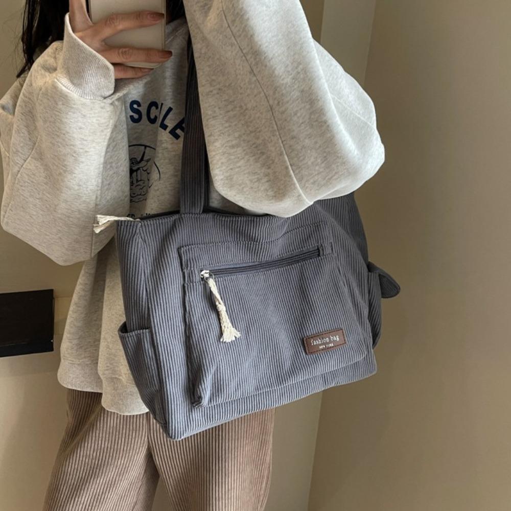 

Korean Style Single Shoulder Bag Solid Color Shopping Handbag Simple Corduroy Tote Bag Girls зелёный