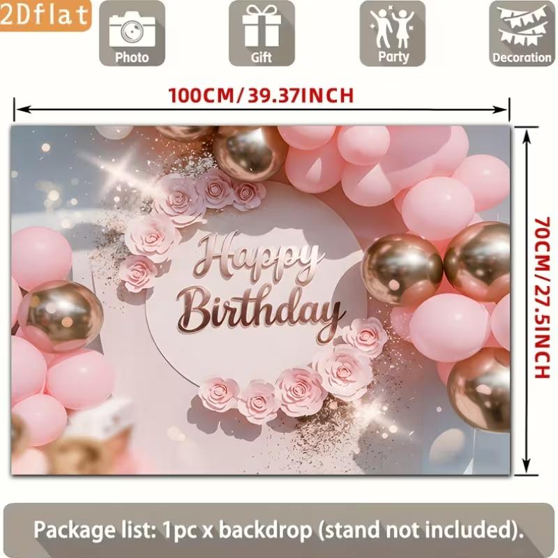 D Pink Floral Rose Gold Birthday Backdrop Glitter Balloon Themed Party Photography Background