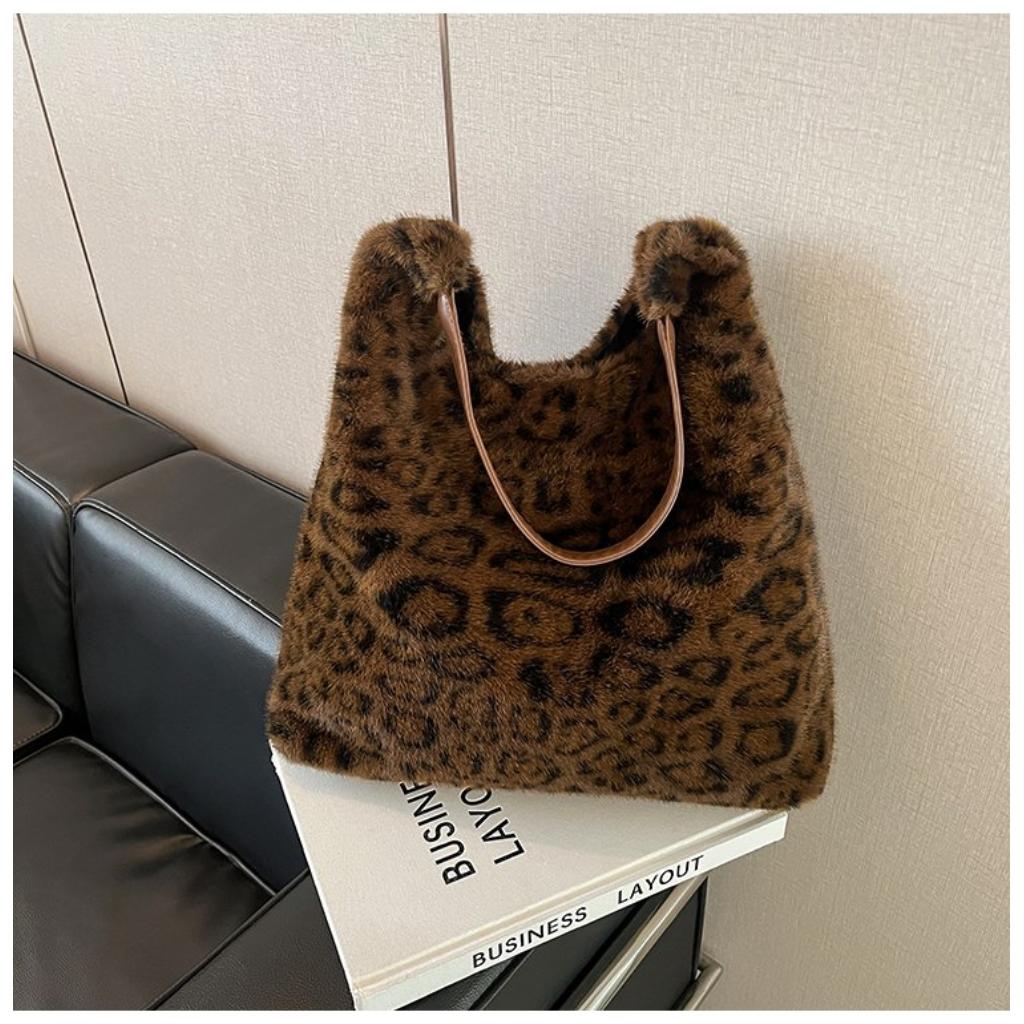 Hobo Bag for Women Plush Black Leopard Print Single Shoulder Carry Daily Use