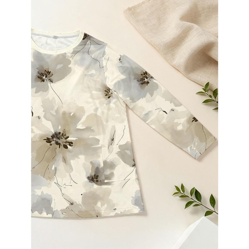 Ladies Plus with Pockets Elegant Floral Print Long Sleeve T-Shirt, Loose Casual Top