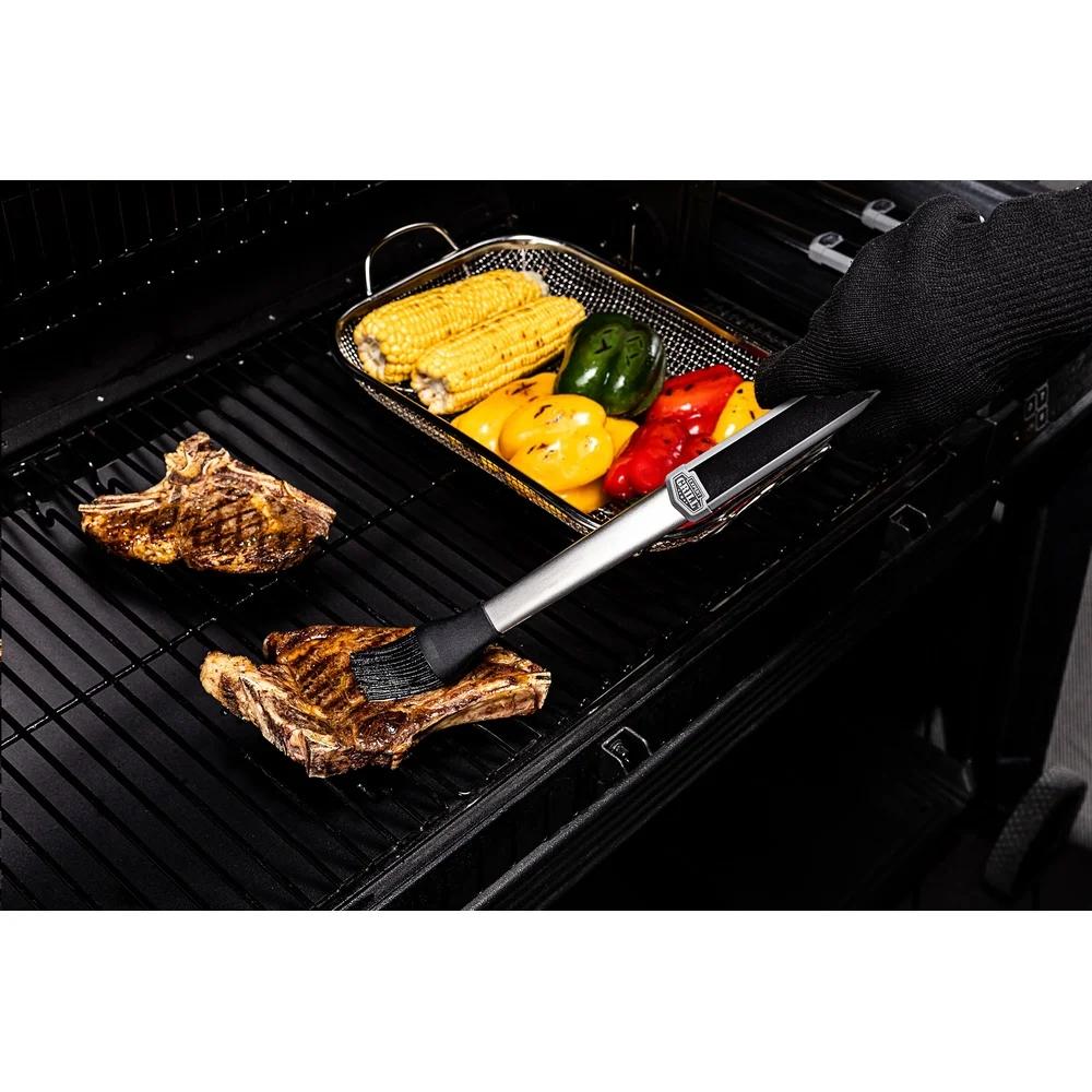 Stainless Steel Grilling Tools Set 4 Piece BBQ Set with Tongs Spatula Fork Basting Brush Ergonomic Handles Hooks Dishwasher Safe