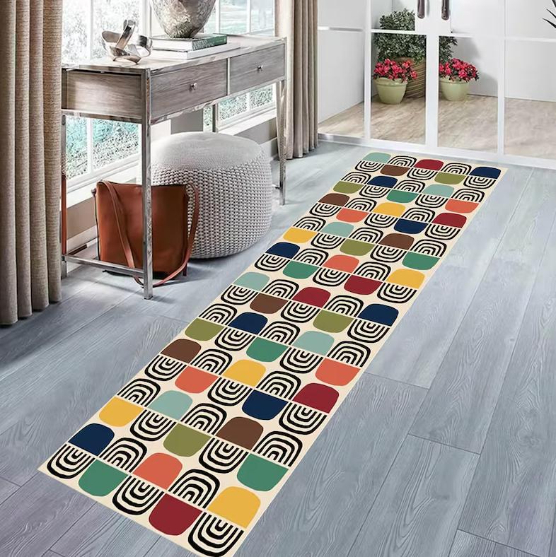 Geometric Abstract Runner Rugs Colorful Square Print Living Room Decor Long Mat Non-Slip Modern Indoor Home Art Decor Carpet