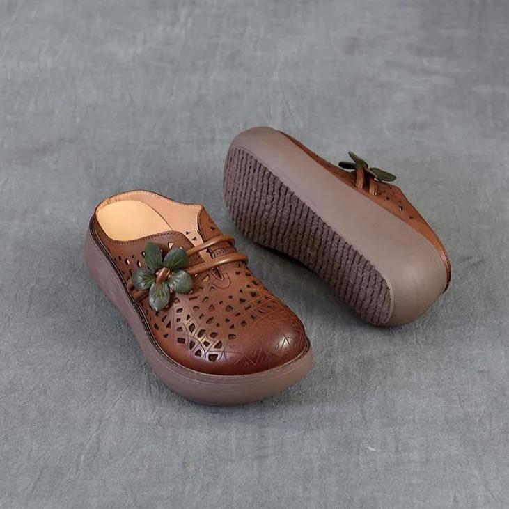 Johnature Ethnic Style Flower Wedges Slippers Genuine Leather Hollow Retro Outdoor Women's Sandals