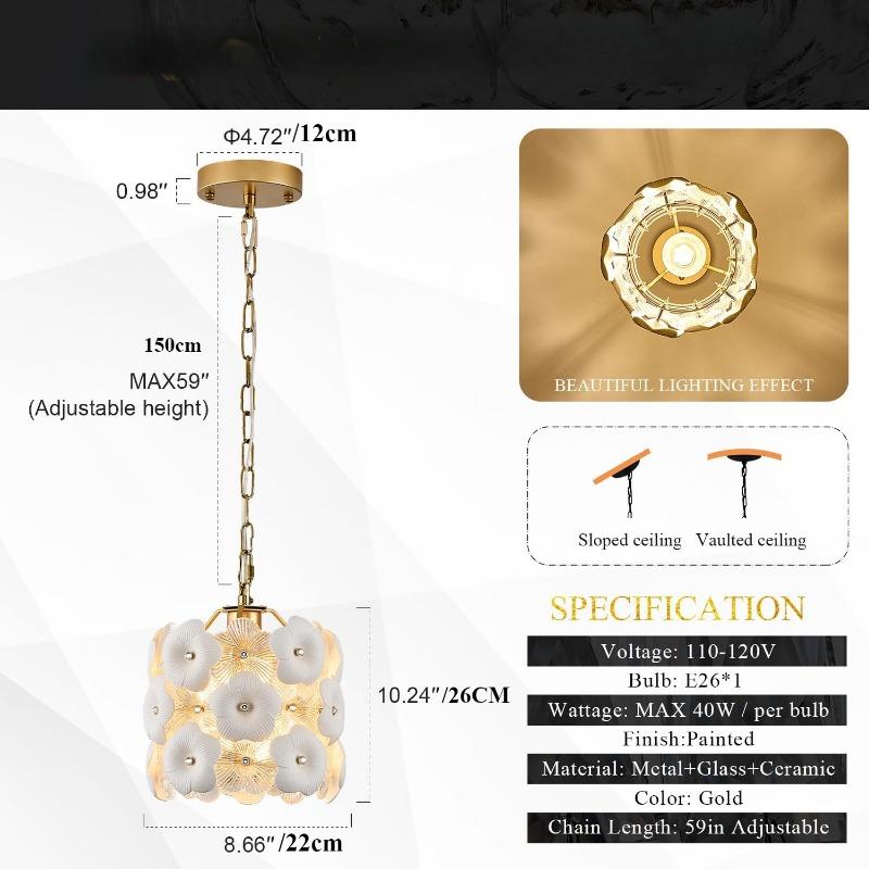 Gold Glass Pendant Light with White Ceramic Flowers