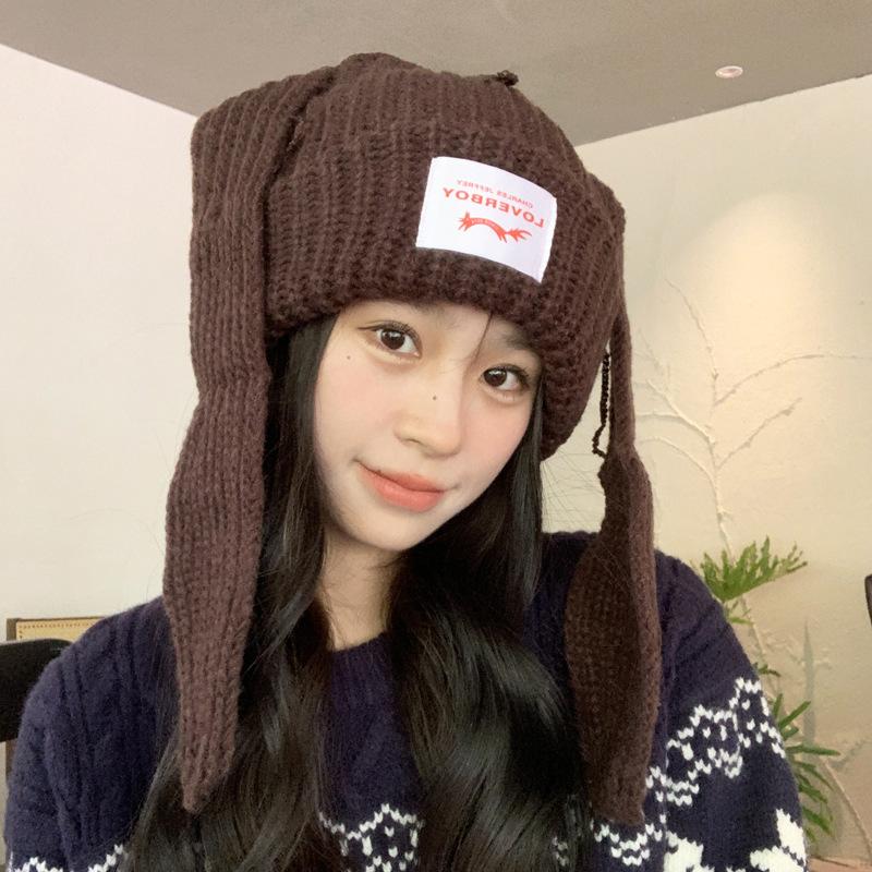 Trendy Brand Design Niche Personalized Rabbit Ears Wool Hat Women's Autumn and Winter Warm Ear Protection Hat Knitted Hat