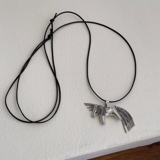 Horse Pendant Necklace Alloy Horse Charm with Tassel Tail Mane with Adjustable Rope Casual Animal Necklace