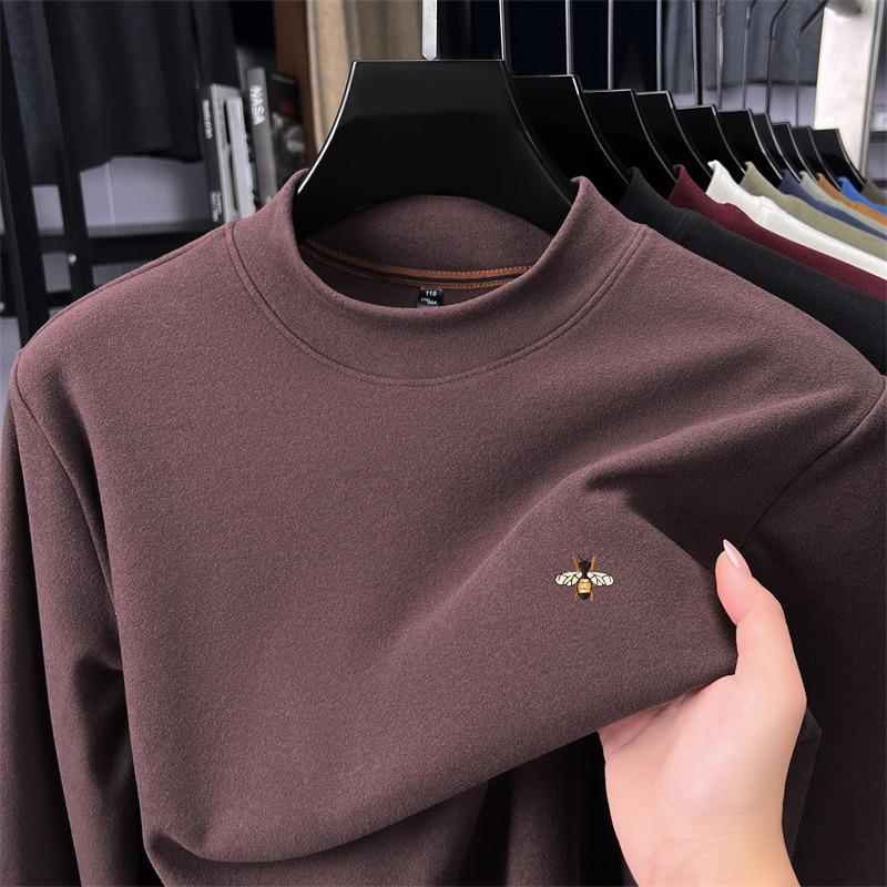 Men's Semi High Neck Velvet Long Sleeve Pullover Hoodie Winter Warm Heat Storage Print Casual Trend Menswear