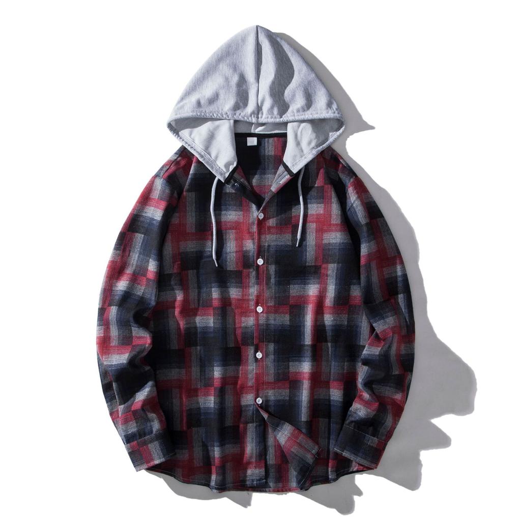 Spring Autumn Men's Checkered Hooded Shirt Man Casual Loose Button Up Plaid Shirts