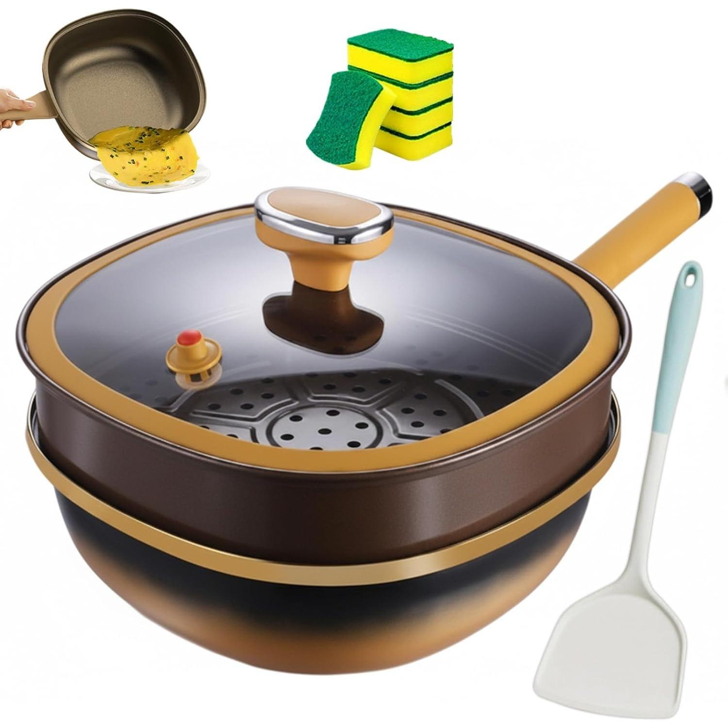 

12in Titanium Alloy Non-stick Pot with Lid - 30 X 10cm Deep Skillet, Multi-purpose Titanium Cooking Pan with Steamer, Ergonomic Handle Deep