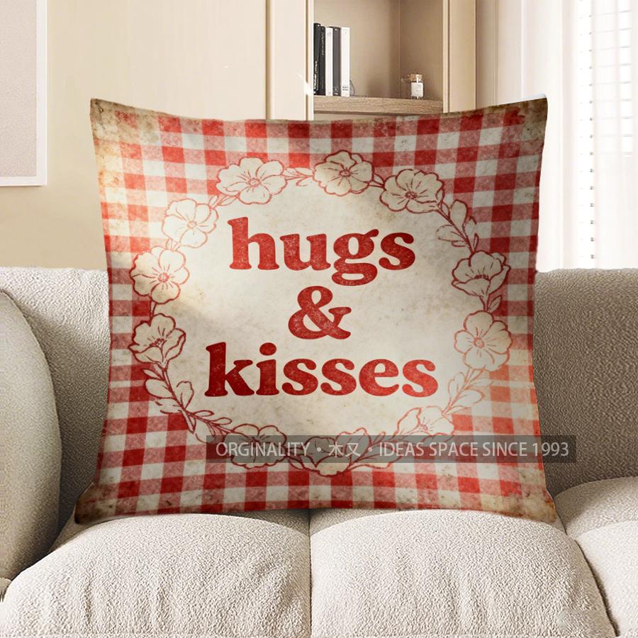 

2D Gingham Floral Hugs & Kisses Throw Pillow Pattern Cushion Cover Suitable For Sofa Bedroom Car Pillow Cover 40x40cm
