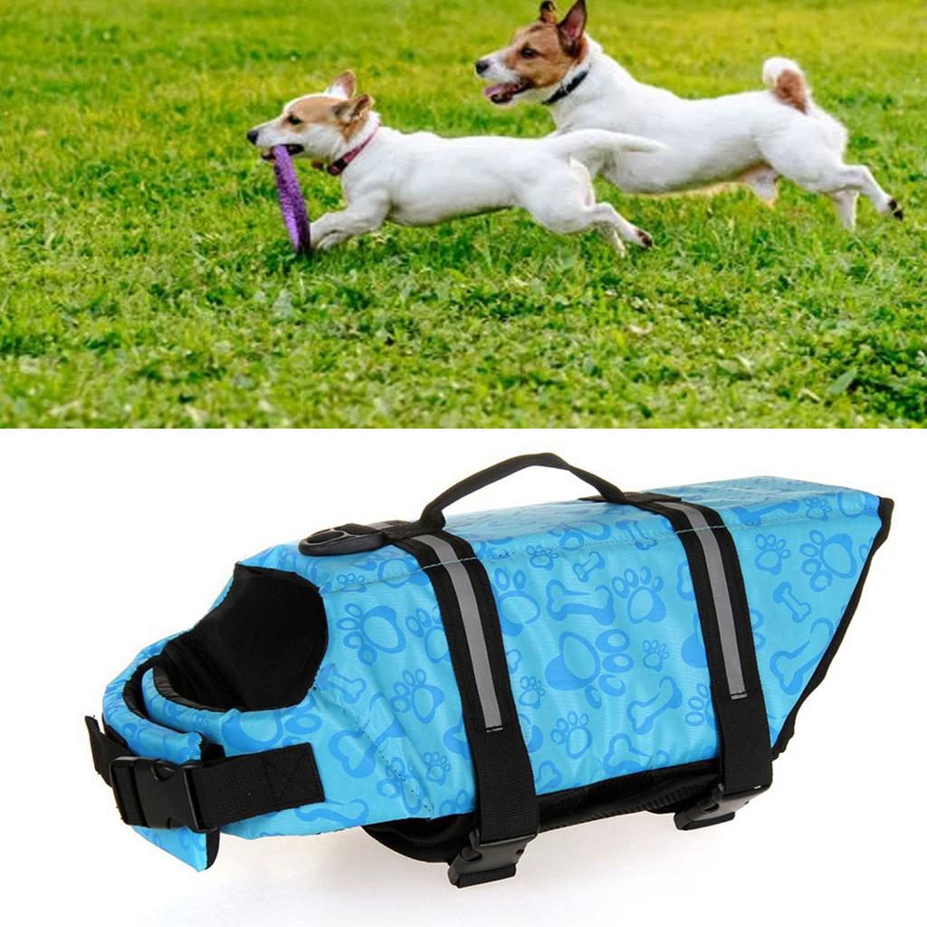 Dog Life Jacket Blue Bone Pattern Reflective Pet Dog Lifesaver Flotation Vest for Boating Swimming M Size