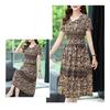 Vintage Floral Print Midi Dress for Women Short Sleeve Smocked Waist A-Line Dress Summer V Neck Swing Sundress