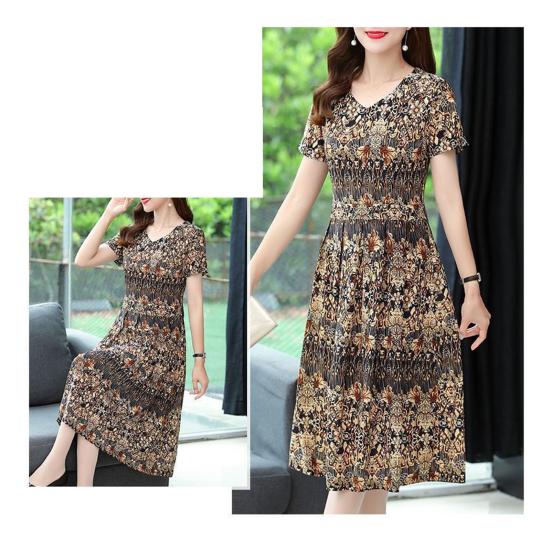 Vintage Floral Print Midi Dress for Women Short Sleeve Smocked Waist A-Line Dress Summer V Neck Swing Sundress
