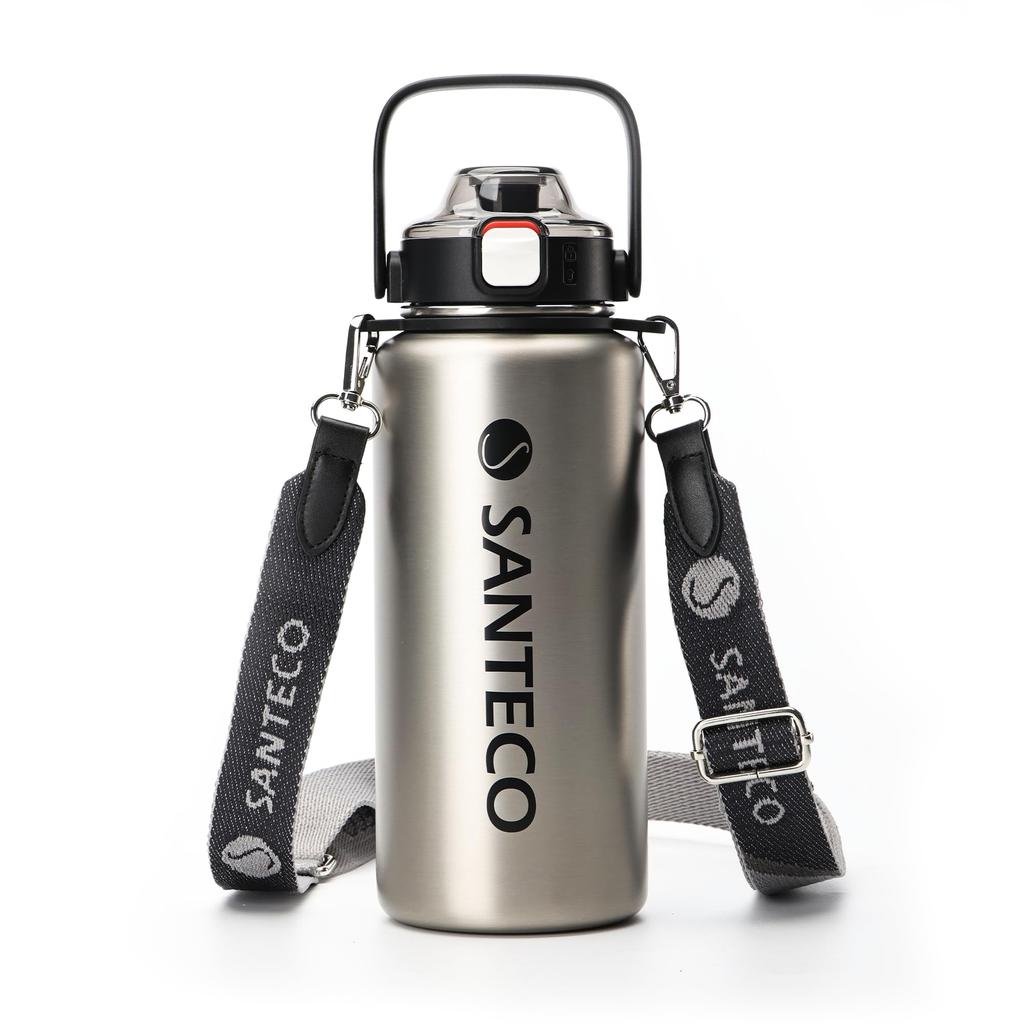 SANTECO Vacuum Insulated Sports Bottle, 1.2L, with Detachable Shoulder Strap, Keeps Cold or Hot, Includes Straw, Compatible with Direct Drinking
