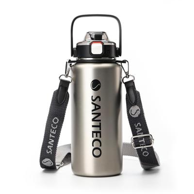 SANTECO Vacuum Insulated Sports Bottle, 1.2L, with Detachable Shoulder Strap, Keeps Cold or Hot, Includes Straw, Compatible with Direct Drinking