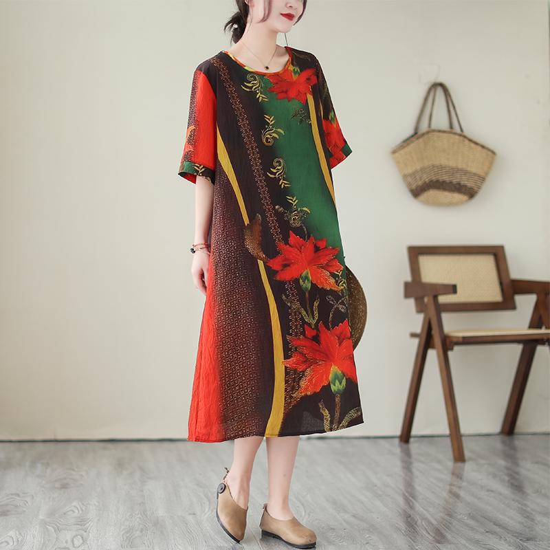 Dimanaf 2024 Plus Size Women Summer Beach Vintage O-Neck Dress Elegant Lady Print Long Dress Style Loose Dress