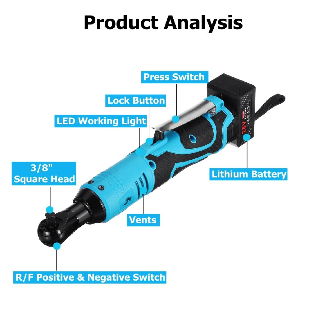 60N.m Portable Cordless Rechargeable Ratchet Wrench 28V 3/8" Inch Electric Right Angle Wrench 60N.m With 1/2 Batteries