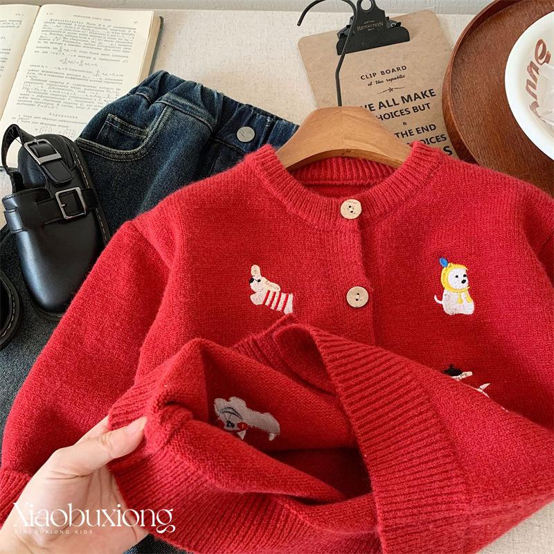 Kids Thick Red Knit Sweater for Winter Boys Girls Festive Cardigan