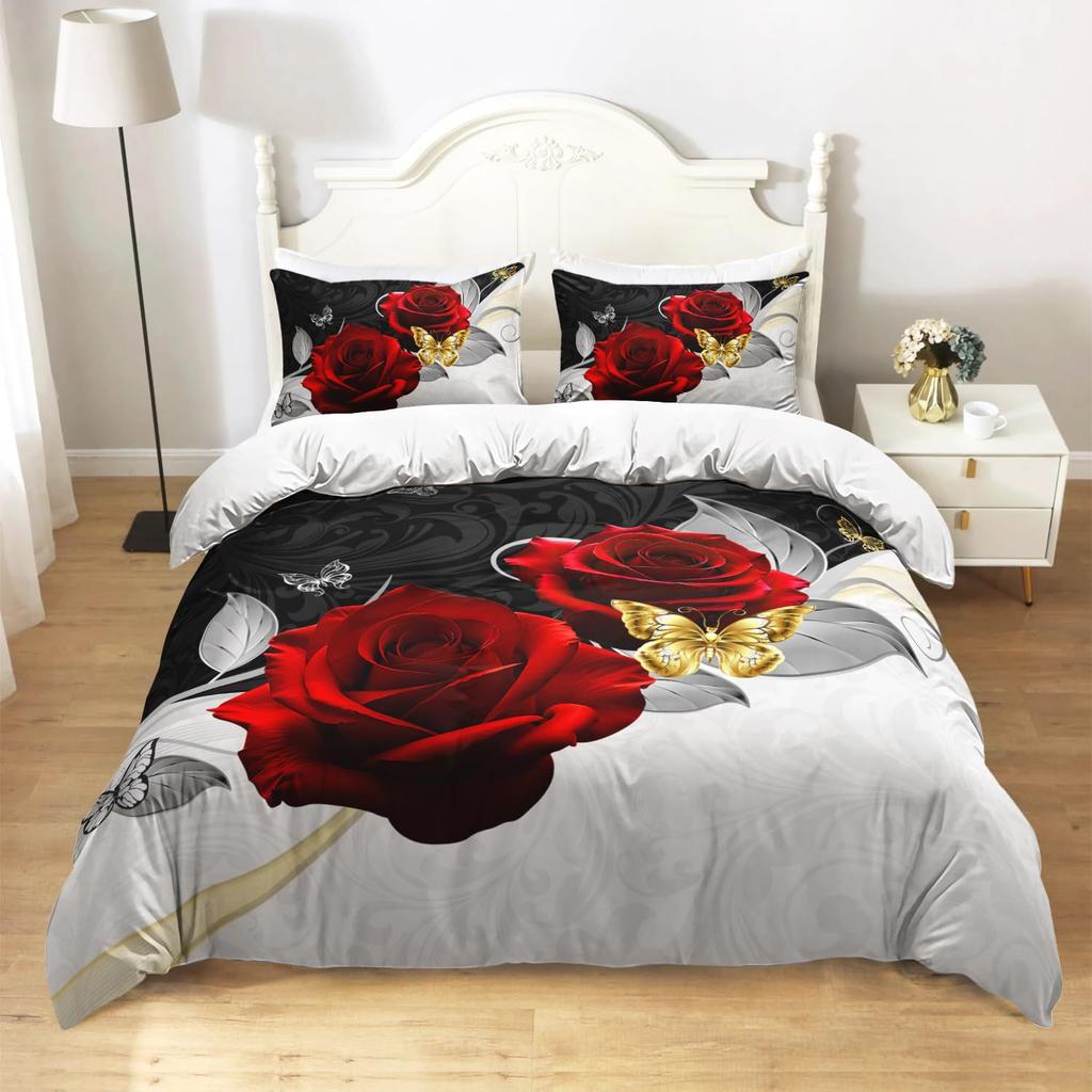 Red Rose Duvet Cover Set King Size, Red And White Comforter Cover Sets With Zipper Closure, Romantic Hearts Lover Bedding Set