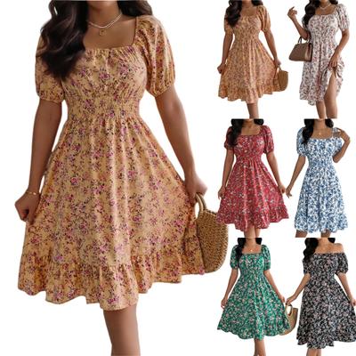 Spódnica damska w kwiaty z kwadratowym dekoltem i krótkim rękawem, w talii, z falbankami i rozcięciem w kształcie litery A