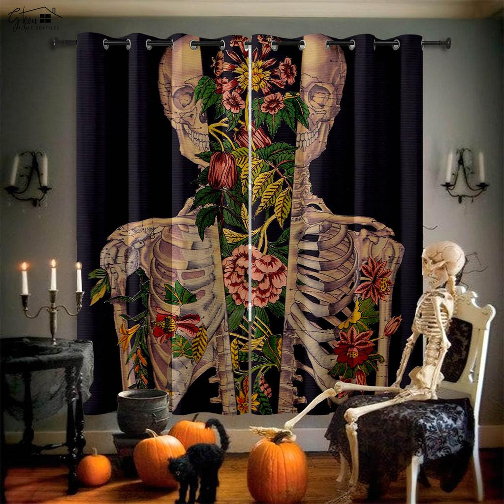 Skull Rose Curtains Retro Tricky Dark Ins Secret Room Bar Bedroom Halloween Christmas Holiday Decoration Curtains 2PCS