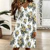 Women Plus Size Scallop V Neck Long Sleeve Floral Printed White Dress
