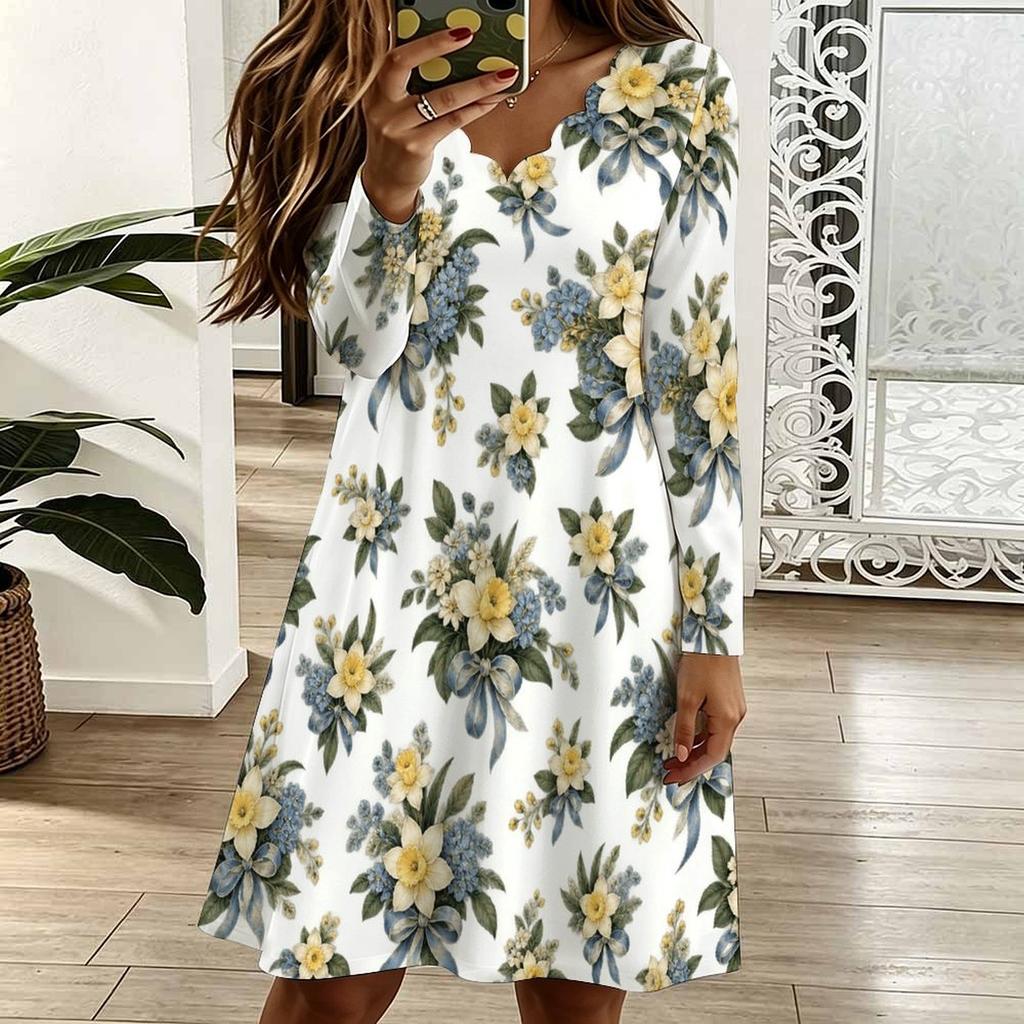 Women Plus Size Scallop V Neck Long Sleeve Floral Printed White Dress
