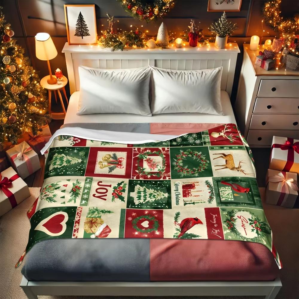 Weihnachts Hirsch Patchwork Decke Flanell Material Gemütlich Weich Grün Rot Design Für Feiertagsdeko