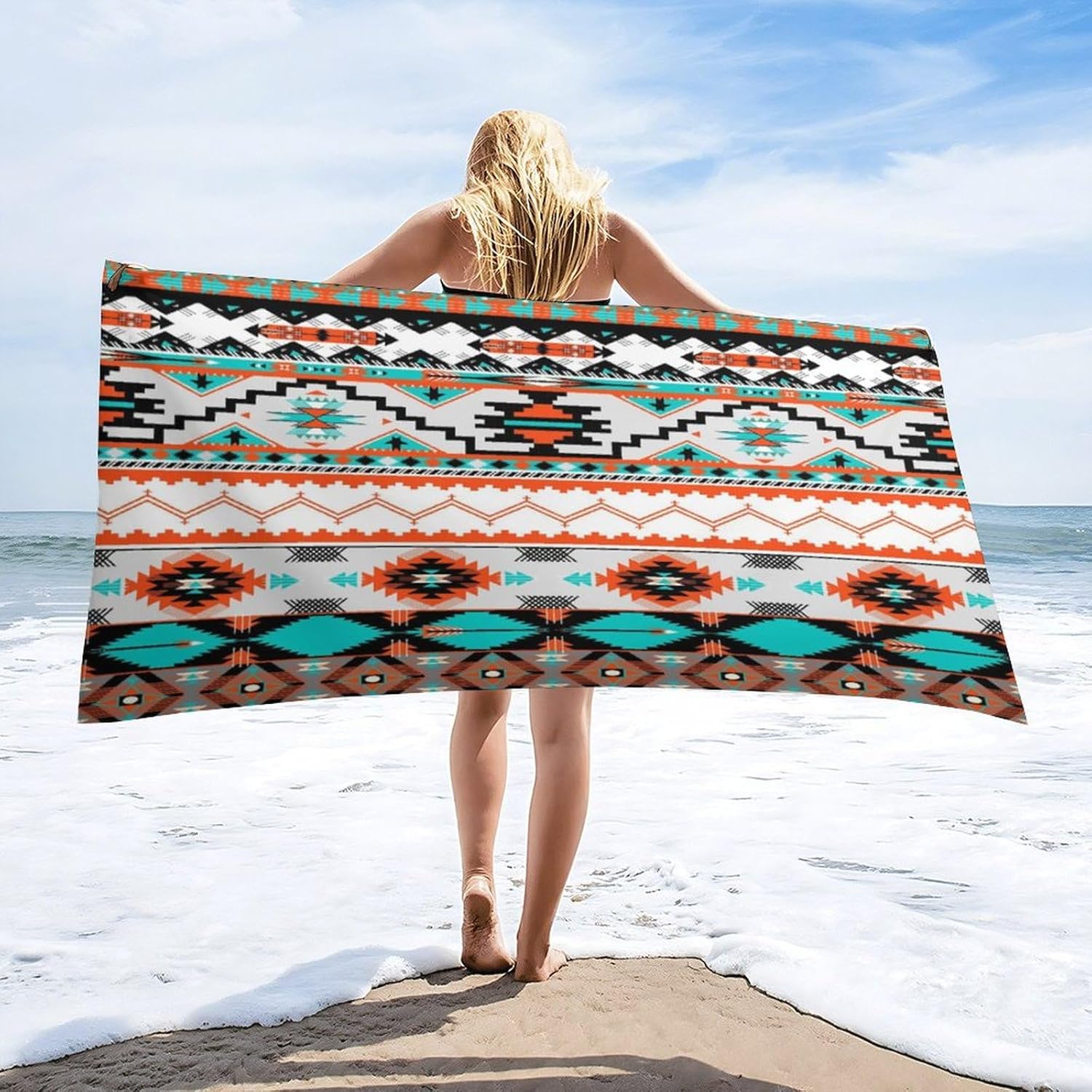 Aztec Beach Towel, Western Tribal Bull Skull Horns Ethnic Aztec Cow Pattern Pool Camping Swim Towels for Travel Swim Pool W30*H60(CM)