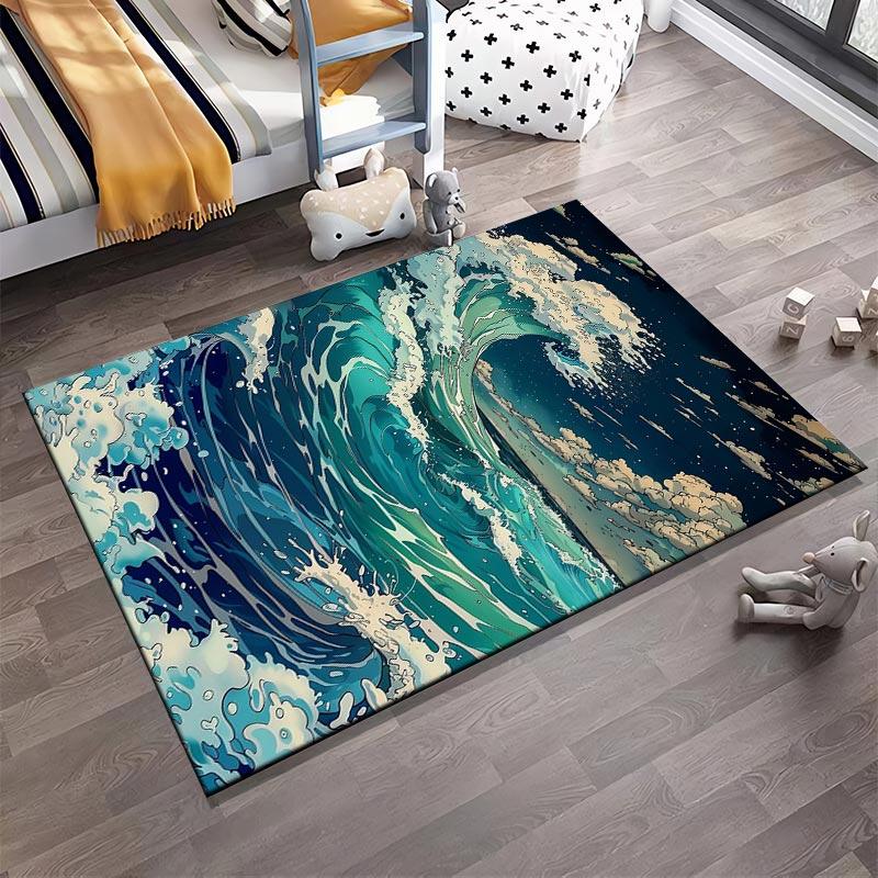 Ocean Waves Pattern Rug with Dynamic Blue and Green Design, Modern Style Suitable for use as an anti-slip for living room bedroom sofas