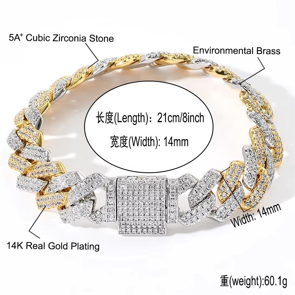 Modeschmuck Hip Hop 14mm Flaches Kubanisches Gliederkettenarmband Bling CZ Iced Out Rhombus Zweifarbig Miami Kubanische Kette Armband