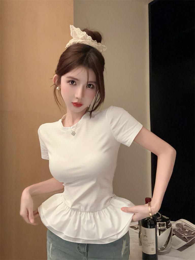 Sexy Women T-shirts Ruffles Wide Black White Fashion Lady Tees Design Tops For Girls