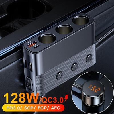 128W Autotelefonladegerät Feuerzeugadapter PD30W QC3.0 Mehrere Anschlüsse Schnelllade-USB-Ladebuchse mit Schalter