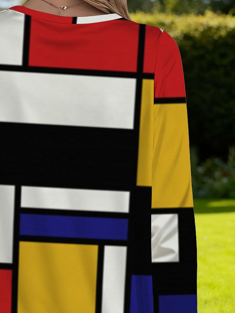 Women's plus size with pocket design Mondrian style printed long-sleeved T-shirt, fashionable loose and thin temperament versatile T-shirt
