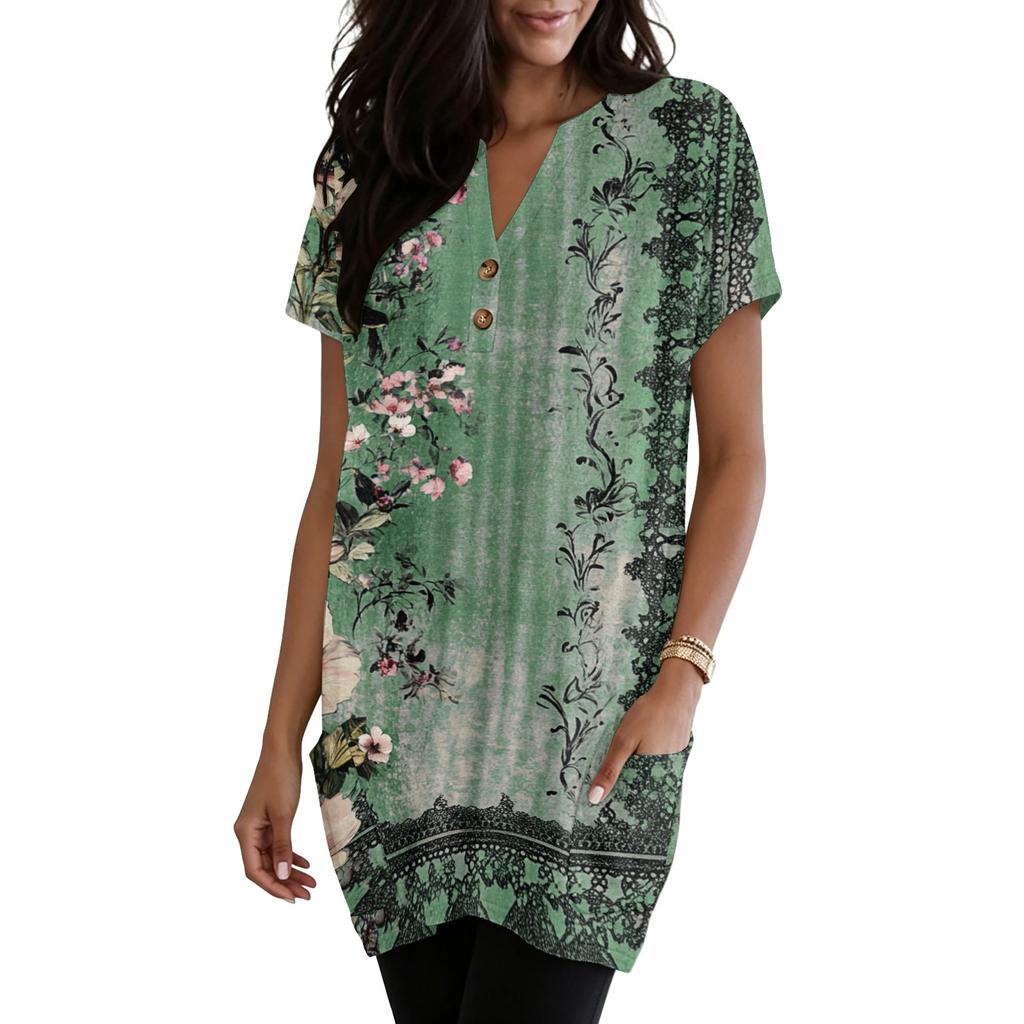 Women’s V Neck Vintage Floral Print Short Sleeve Pullover Top with Pockets Loose Fit Comfortable Design