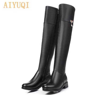 Botas hasta la rodilla de piel auténtica para invierno, botas cálidas hasta la rodilla para mujer, botas grandes por encima de la rodilla