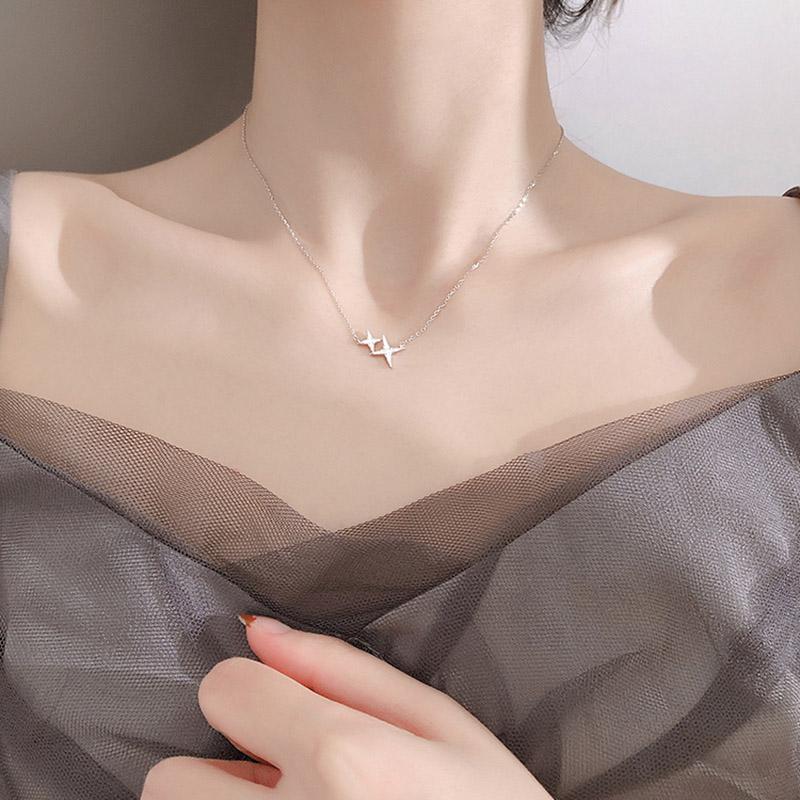 925 Sterling Silber Polaris Halskette Exquisiter Zwei-Sterne-Anhänger Geschenk für Mädchen Mode Hochzeitsschmuck